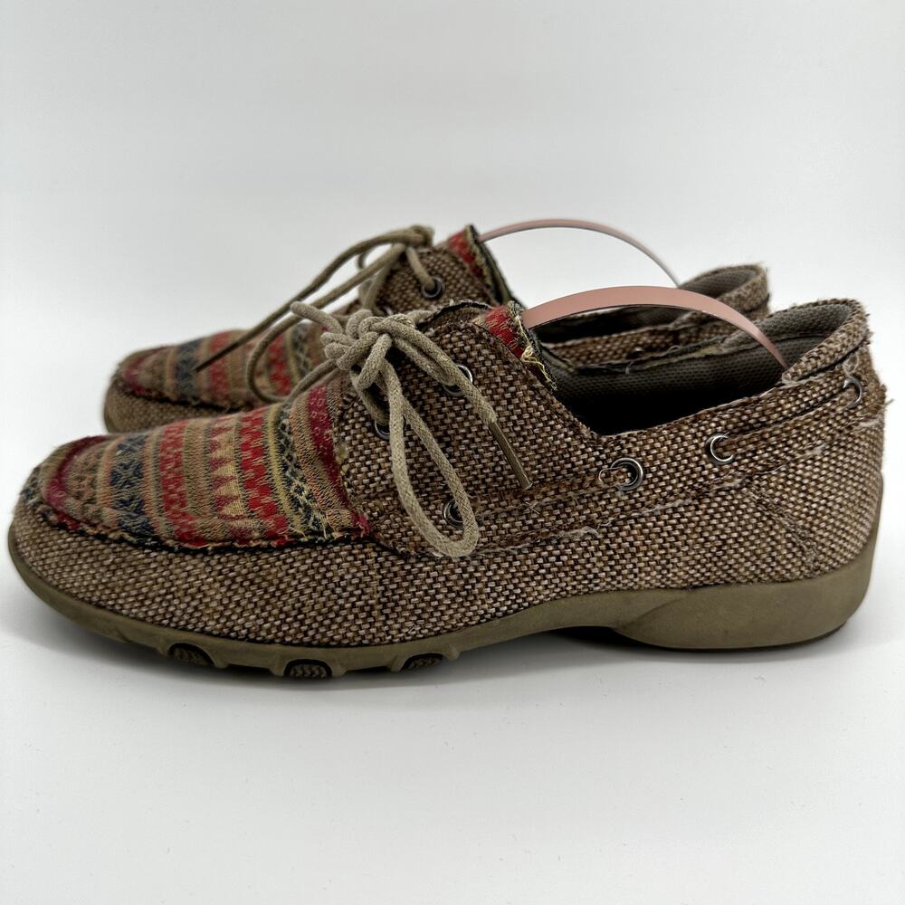 Roper Driving Moccasin Fair Isle Aztec Lace Up Round Toe Leather Tan 5.5 - Picture 4 of 8